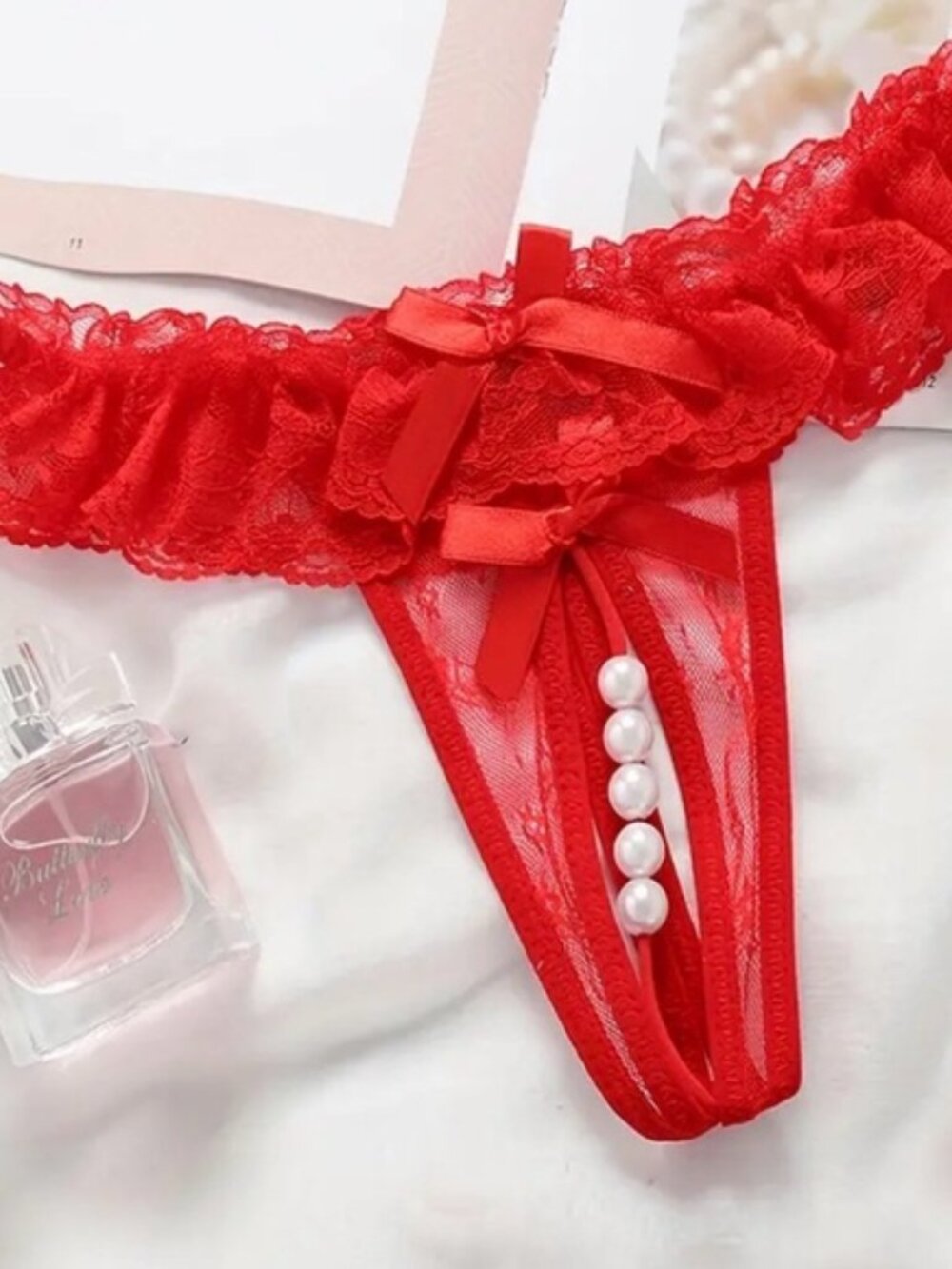 Sexy Red Lace & Pearl Crotchless Panties